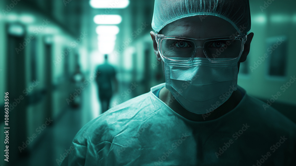 focused, serious-looking surgeon in a teal-toned uniform and mask in a hospital hallway focused, serious-looking surgeon in a teal-toned uniform and mask in a hospital hallway
