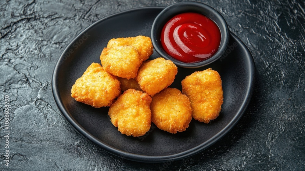A plate of chicken nuggets with ketchup on the side A plate of chicken nuggets with ketchup on the side