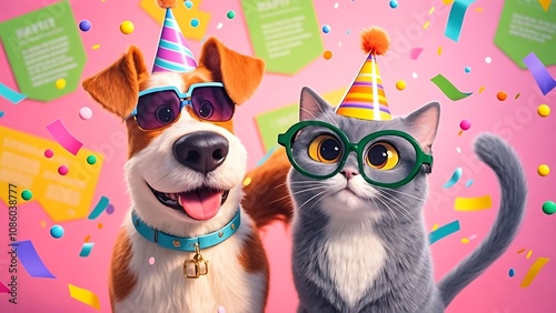 Happy dog and cat in party hats and sunglasses.