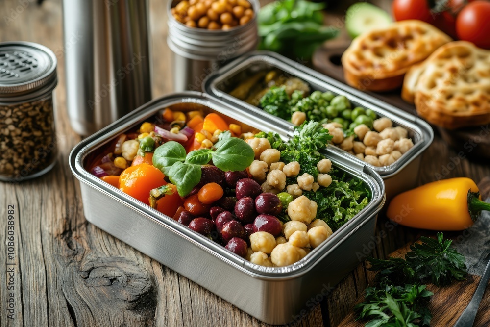 Vegan meal prep containers with chickpeas, vegetables and greens on rustic wooden table Vegan meal prep containers with chickpeas, vegetables and greens on rustic wooden table