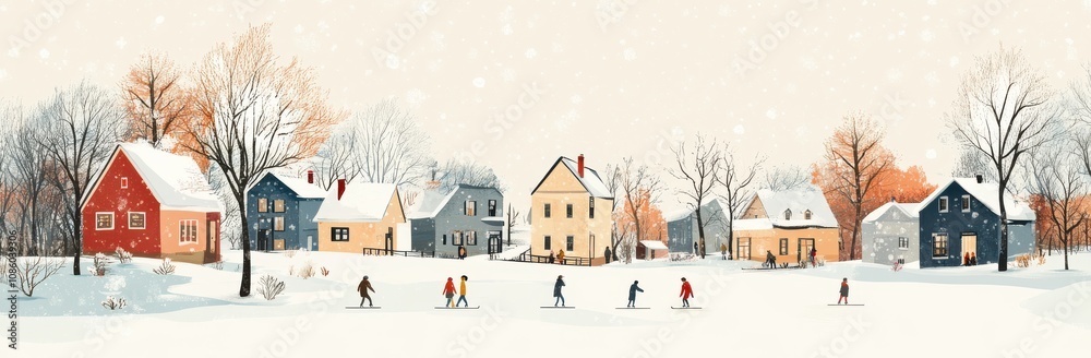 Charming winter scene of a snowy small town with people enjoying the outdoors and snowflakes falling gently Charming winter scene of a snowy small town with people enjoying the outdoors and snowflakes falling gently