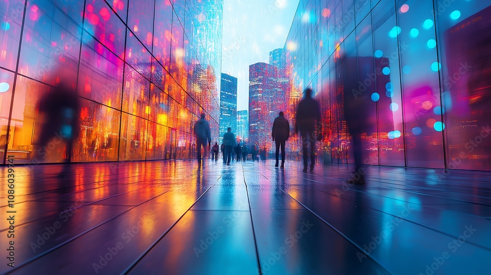 vibrant urban scene with commuters walking briskly, dynamic abstract colors in the background, blurred motion effects, and modern architecture vibrant urban scene with commuters walking briskly, dynamic abstract colors in the background, blurred motion effects, and modern architecture