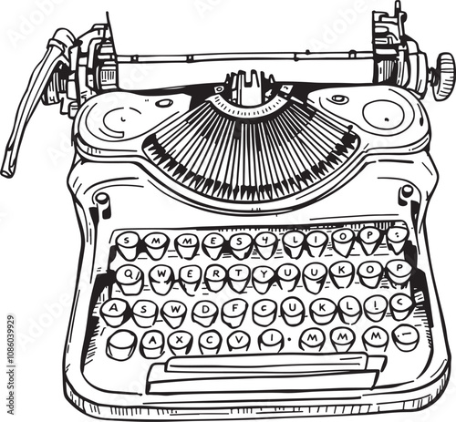 Typewriter machine, writing and typing literature, linear drawing sketch art black and white vector illustration