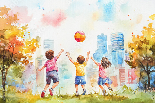 Watercolor illustration of a happy little children playing ball, city background