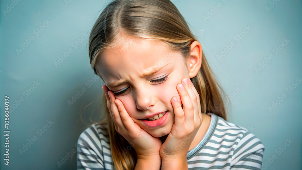 A young girl experiencing tooth pain, holding her cheeks with a distressed expression, set against a plain blue background. Perfect for dental health campaigns, pediatric dentistry promotions, or educ A young girl experiencing tooth pain, holding her cheeks with a distressed expression, set against a plain blue background. Perfect for dental health campaigns, pediatric dentistry promotions, or educ