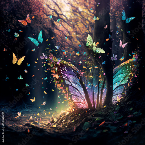 A colorful butterfly is flying through a forest with many other butterflies