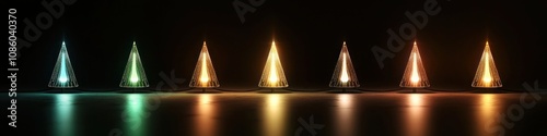 Set of six modern Christmas lights with gradient glows from neon mint to neon gold, softly illuminated on a dark canvas