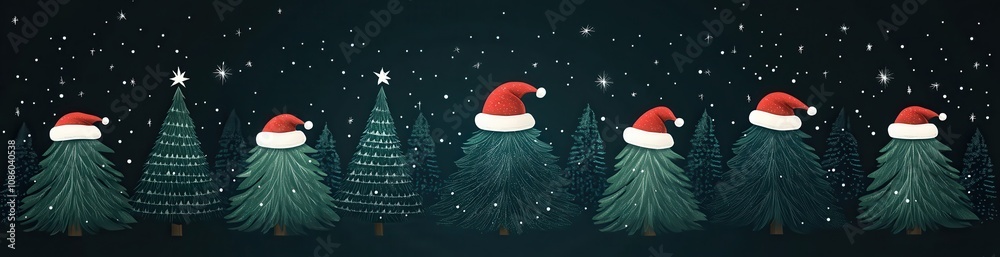 Minimalist art depicting a row of green Christmas trees adorned with festive Santa hats for a whimsical holiday design. Minimalist art depicting a row of green Christmas trees adorned with festive Santa hats for a whimsical holiday design.