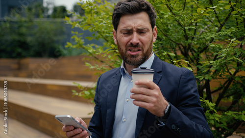 Foto Caucasian man business employer office manager sit outside drinking coffee male