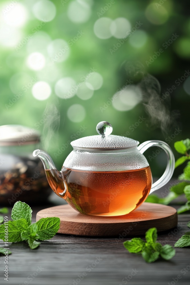 Brewing aromatic mint tea in a glass teapot surrounded by fresh mint leaves and a serene garden Brewing aromatic mint tea in a glass teapot surrounded by fresh mint leaves and a serene garden