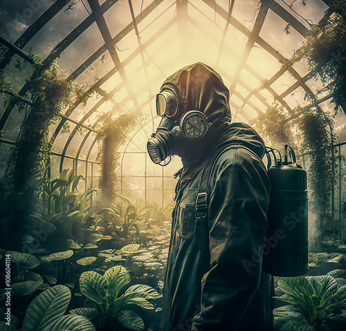 A man in a hazmat suit is standing in a greenhouse