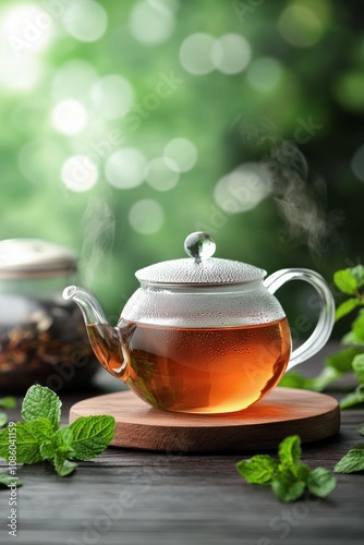 Brewing aromatic mint tea in a glass teapot surrounded by fresh mint leaves and a serene garden