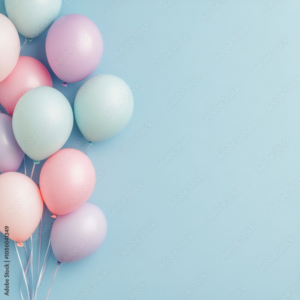 Pastel balloons float against a light blue backdrop for a festive celebration Pastel balloons float against a light blue backdrop for a festive celebration