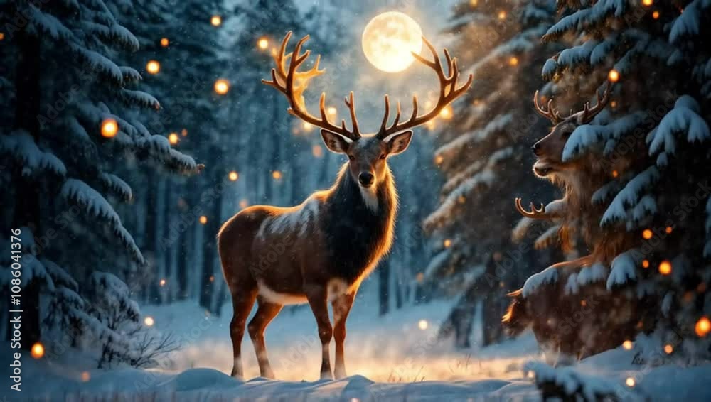 A deer in the winter night forest. A snow-covered landscape, an image of wild nature. Motion animation
