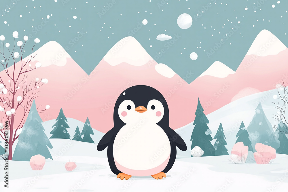 Naklejka premium Adorable Penguin in a Snowy Winter Mountain Landscape