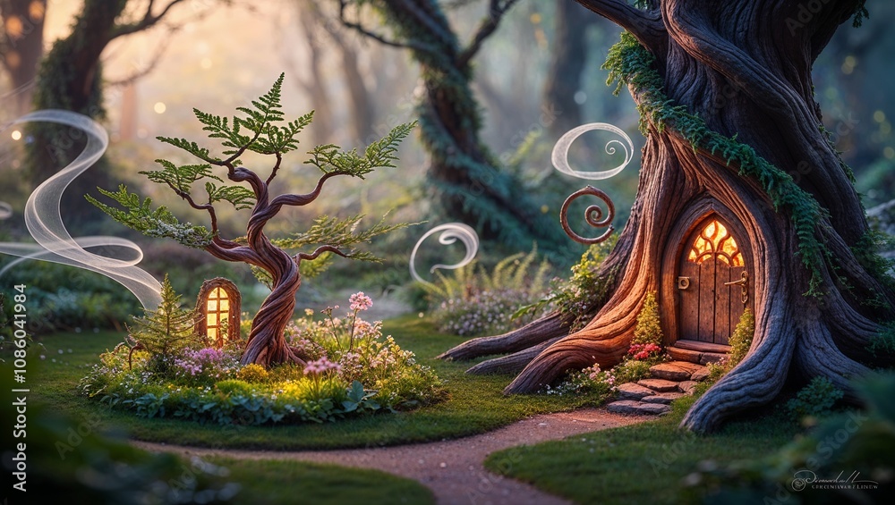Fototapeta premium Magical fantasy illustration featuring an enchanting treehouse and whimsical tree, surrounded by a lush forest