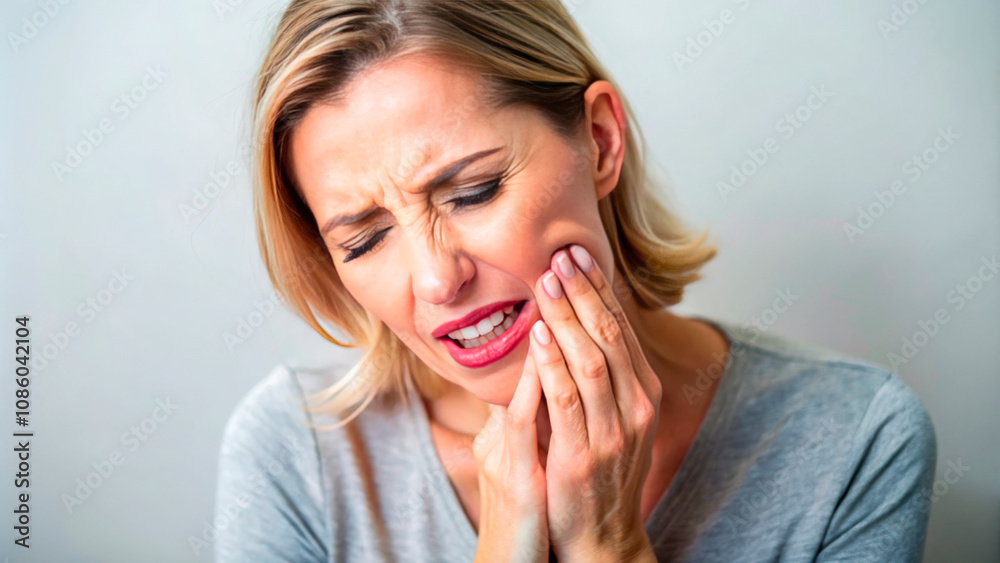 A woman experiencing tooth pain, holding her cheek with a distressed expression, against a neutral background. Ideal for dental care advertisements, oral health campaigns, or educational materials on A woman experiencing tooth pain, holding her cheek with a distressed expression, against a neutral background. Ideal for dental care advertisements, oral health campaigns, or educational materials on