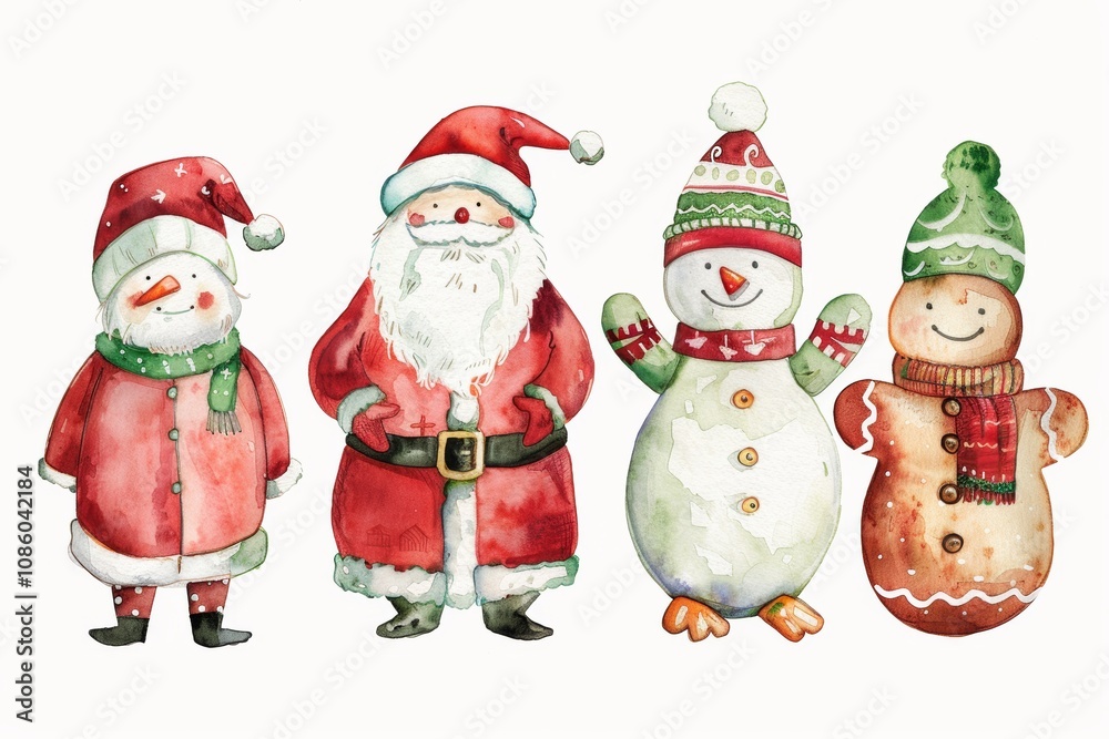 Obraz premium Watercolor christmas characters: santa, snowman, gingerbread art