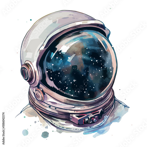 A watercolor illustration of an astronaut helmet, with a reflective visor and intricate details, isolated on a white background. Astronaut helmet vector.