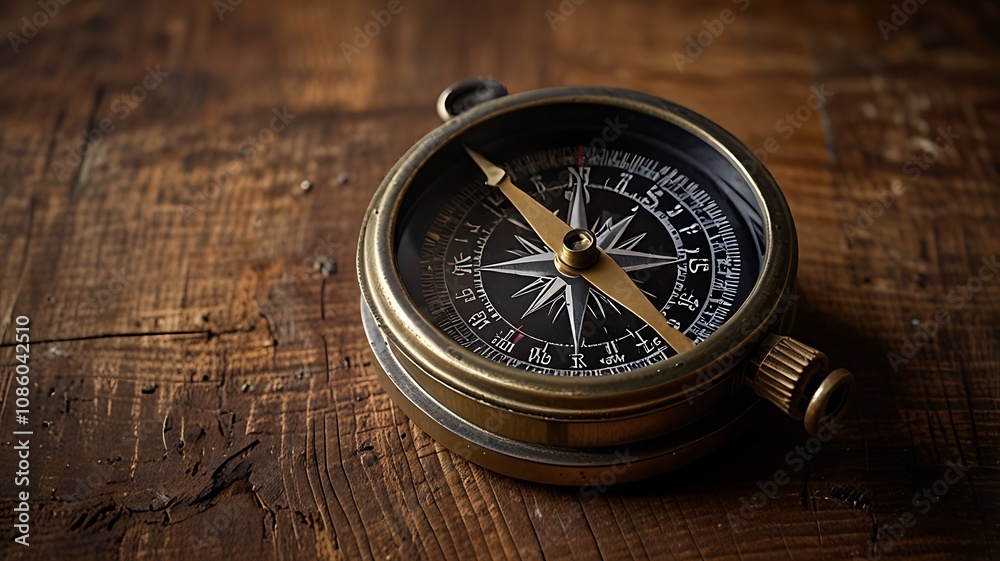 old-fashioned compass on rustic wooden table old-fashioned compass on rustic wooden table