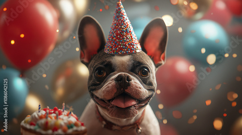 French bulldog wearing a party hat, holding a birthday cake, surrounded by balloons and confetti photo