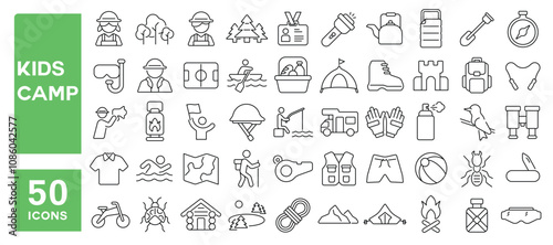 Set of 50 line icons related to kids camp, children, summer, forest, swimming, fishing, outdoor, play, fun, hike, Editable stroke. Vector illustration