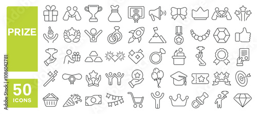 Set of 50 line icons related to prize, benefit, bonus, award, win, offer, money, present, coupon, gift, Editable stroke. Vector illustration