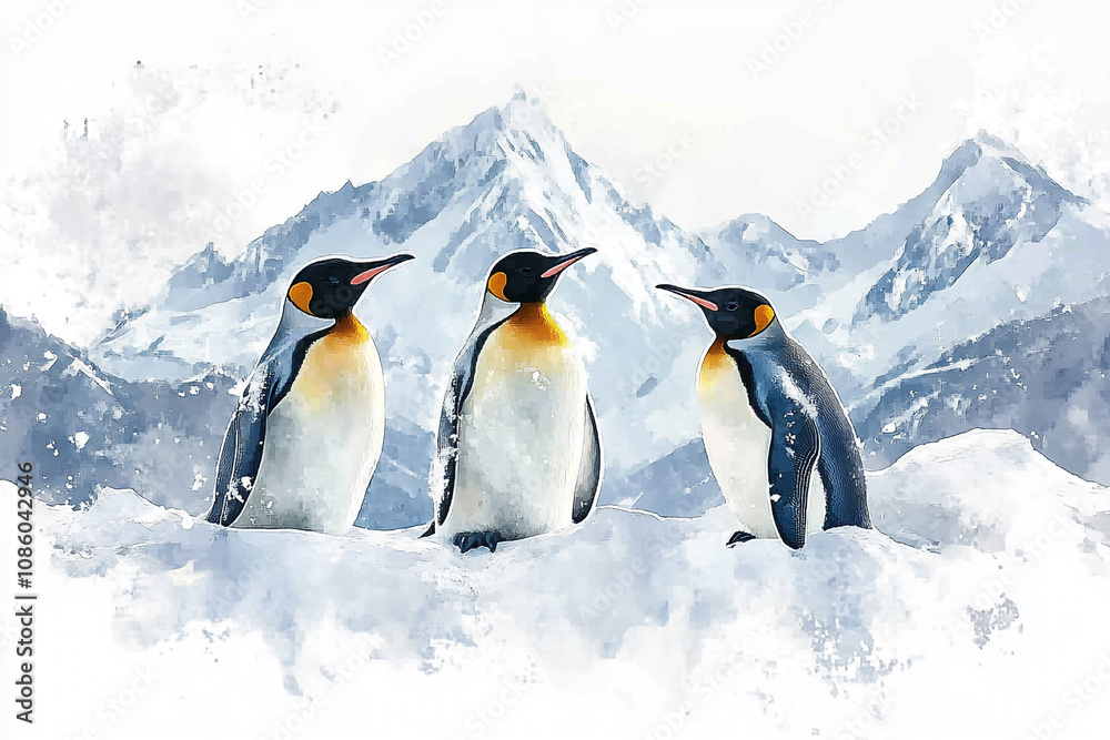 Fototapeta premium Three King Penguins Standing on Snow Mountain Background