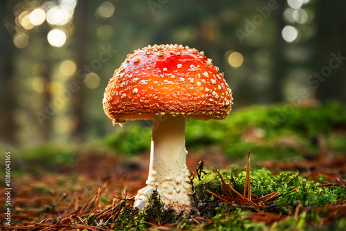 Fly Agaric red and white poisonous mushroom. Generative AI. photo