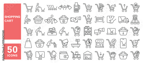 Wallpaper Mural Set of 50 line icons related to shopping cart, trolley, basket, shopping, food, clothes, bag, market, buy, sale, Editable stroke. Vector illustration Torontodigital.ca