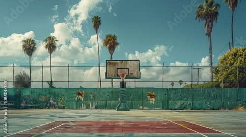 Empty basketball court in Los Angeles, California, with palm trees in the background and a blue sky.