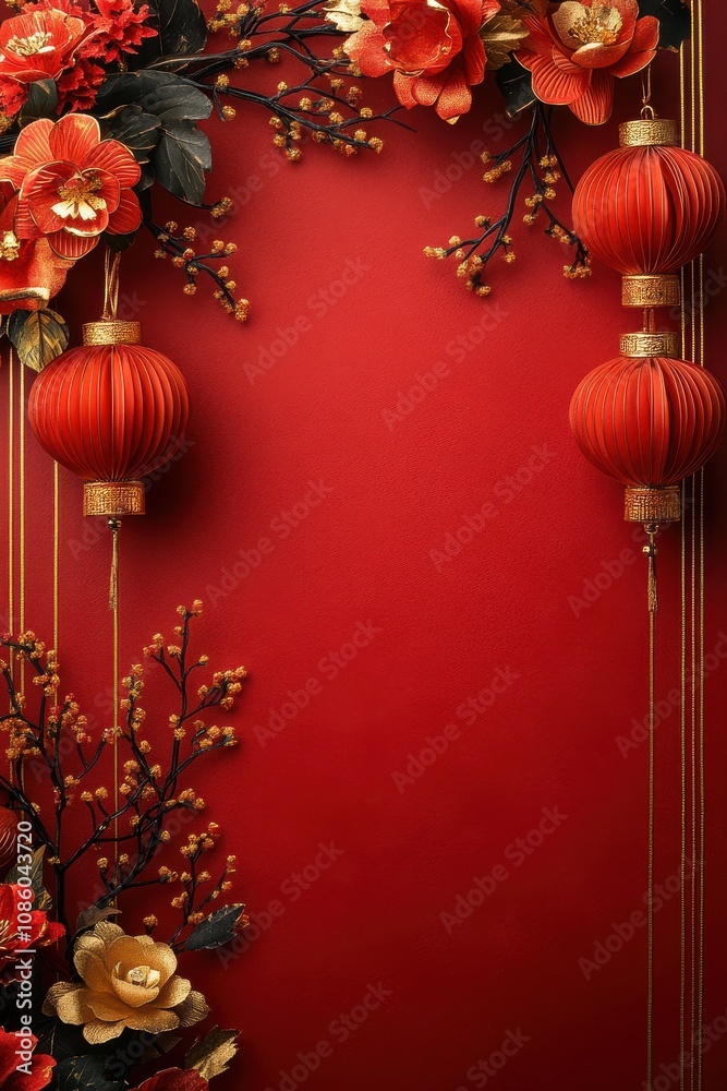 Elegant Chinese New Year themed background with red and gold decorations including lanterns and floral elements, perfect for festive design and celebration purposes Elegant Chinese New Year themed background with red and gold decorations including lanterns and floral elements, perfect for festive design and celebration purposes