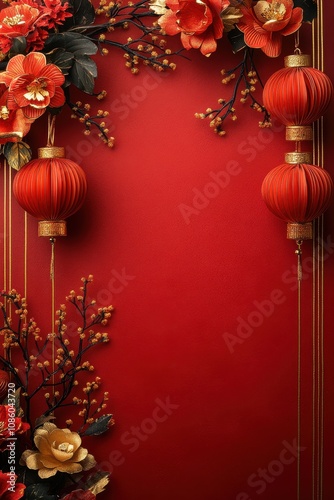 Elegant Chinese New Year themed background with red and gold decorations including lanterns and floral elements, perfect for festive design and celebration purposes