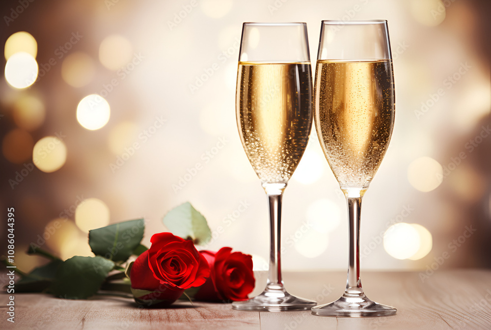 two glasses of champagne with roses two glasses of champagne with roses