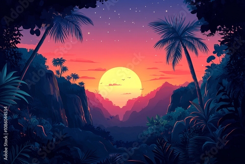 Tropical Sunset Landscape With Palm Trees And Mountains