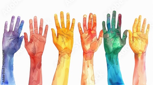 a lot of hands painted with multicolored paint on a white background. Palms painted in watercolor. Illustration