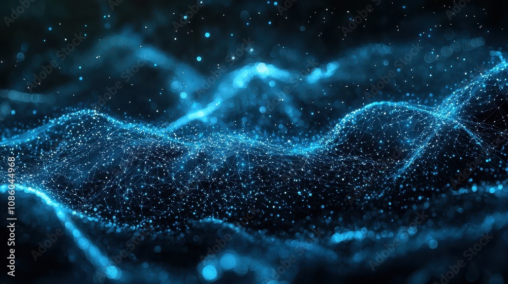 Abstract dark blue digital background with sparkling blue light particles and areas with deep depths, particles forming lines, surfaces, and grids Abstract dark blue digital background with sparkling blue light particles and areas with deep depths, particles forming lines, surfaces, and grids