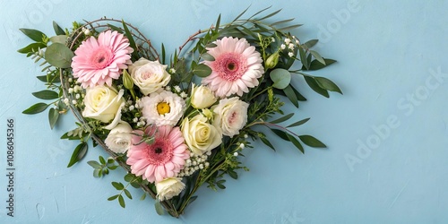 Herzförmiges Blumenarrangement aus frischen Rosen und Gerbera – romantische Dekoration photo