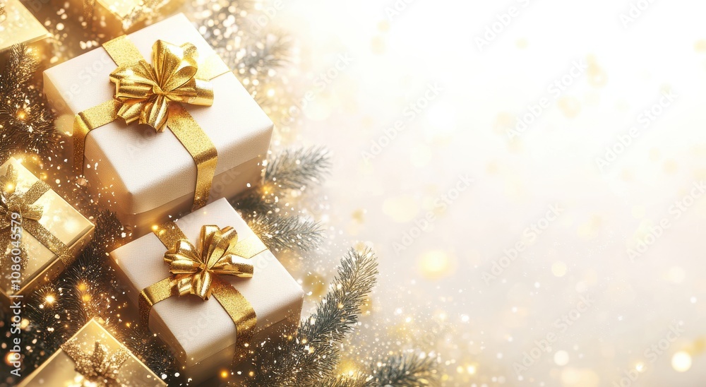 Golden gift boxes elegantly arranged on a white sparkling background with a festive and luxurious ambience, perfect for seasonal celebrations and special occasions Golden gift boxes elegantly arranged on a white sparkling background with a festive and luxurious ambience, perfect for seasonal celebrations and special occasions