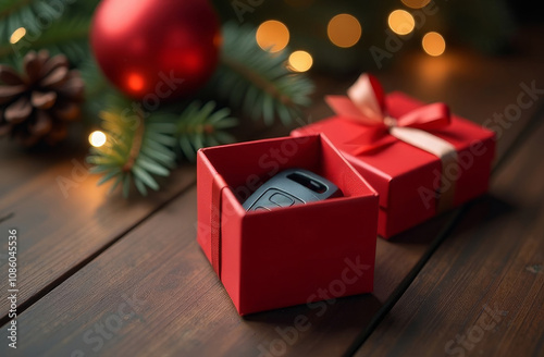 Car key gift in festive red box with holiday decorations on wooden table