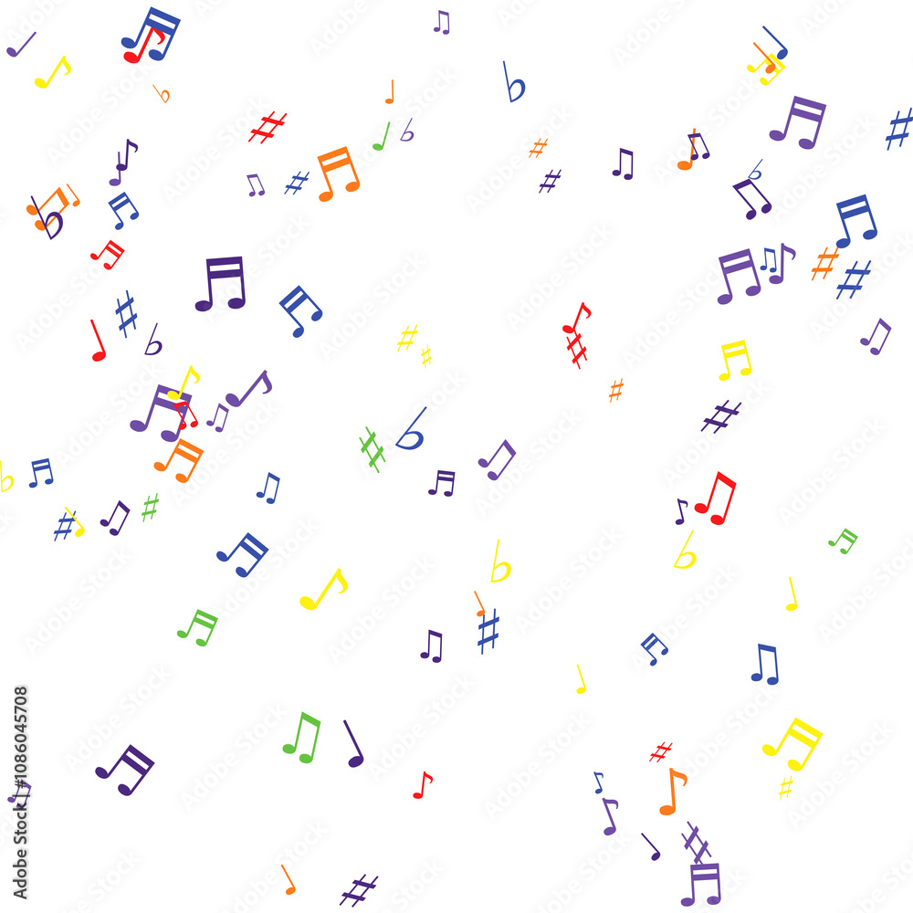 variously colored musical note symbols with flats and sharps arranged randomly on a white background variously colored musical note symbols with flats and sharps arranged randomly on a white background