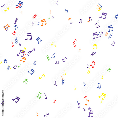 variously colored musical note symbols with flats and sharps arranged randomly on a white background