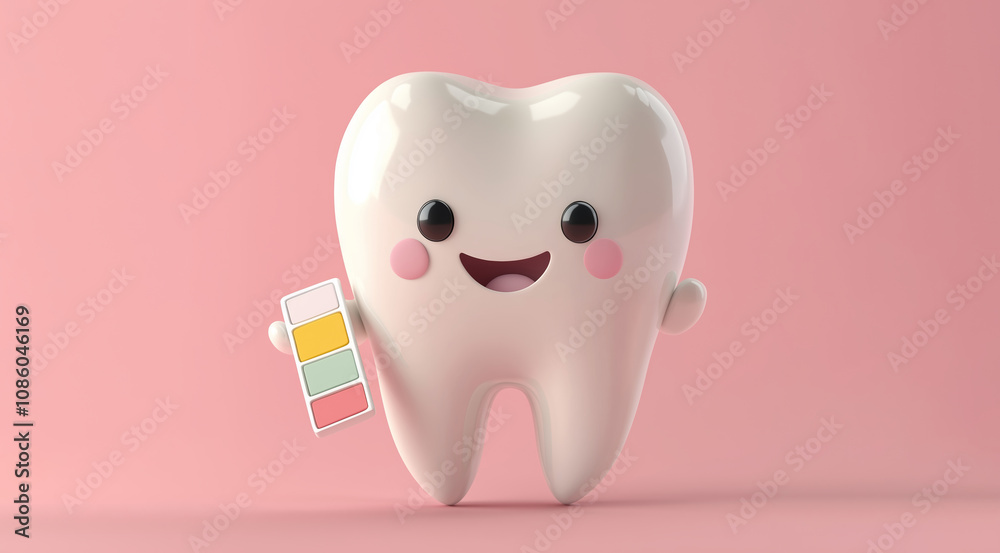 Cute smiling cartoon tooth holding color palette on pastel pink background Cute smiling cartoon tooth holding color palette on pastel pink background
