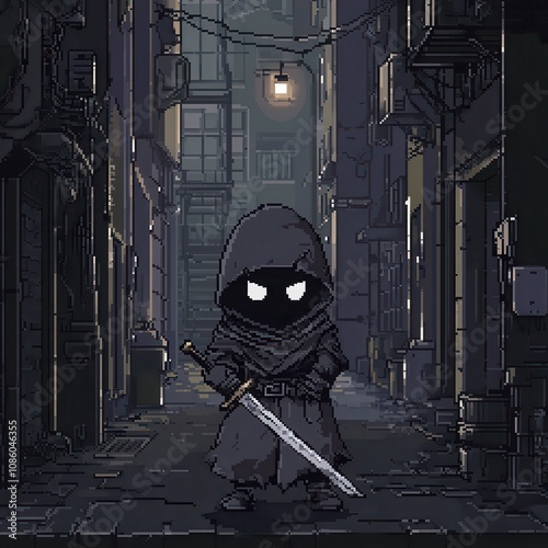 Pixel Art Ninja in Dark Alleyway with Sword, Mysterious Urban Setting, Retro 8-Bit Style Scene Full of Intrigue and Adventure