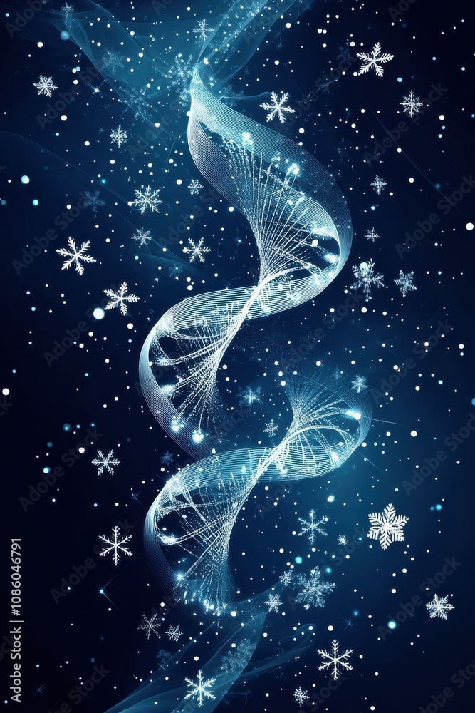 Elegant DNA helix composed of intricate snowflakes and glowing particles on a dark winter night background, symbolizing genetic science and the beauty of nature in a mesmerizing way. Elegant DNA helix composed of intricate snowflakes and glowing particles on a dark winter night background, symbolizing genetic science and the beauty of nature in a mesmerizing way.