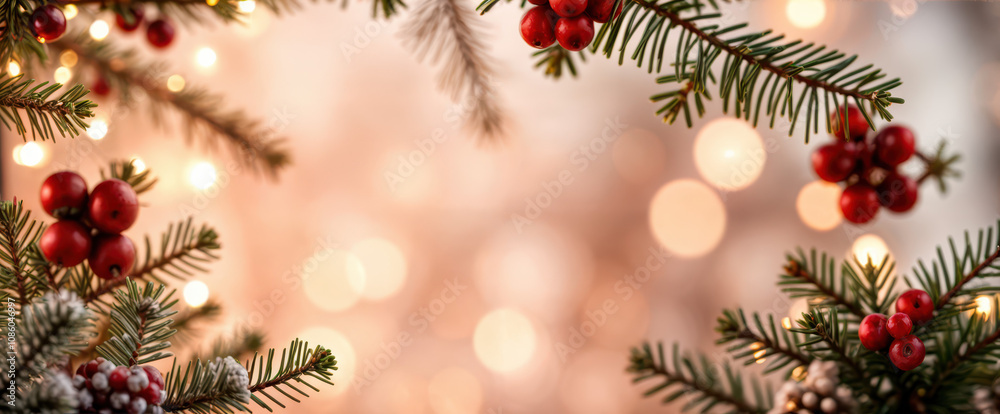 A festive photo highlighting red berries and pine branches with a soft blurry bokeh background, perfect for adding a touch of cheer to your designs. A festive photo highlighting red berries and pine branches with a soft blurry bokeh background, perfect for adding a touch of cheer to your designs.