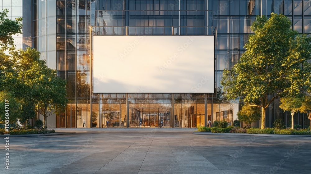 Front view on blank white billboard with copyspace on sunny street before stylish business center with glass walls in the evening. 3D rendering, mockup Front view on blank white billboard with copyspace on sunny street before stylish business center with glass walls in the evening. 3D rendering, mockup