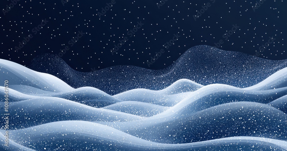 Dynamic wave of white  line art with sparkling snow in dark abstract background