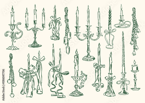Minimal candles vector illustration collection. Art for greeting cards, wedding invitations, poster design, postcards, branding, logo design, background. Matisse style doodles.