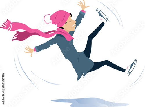 Falling down figure skater woman illustration. 
Young figure skater woman slips on the ice isolated on white
